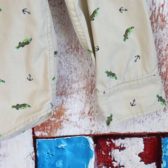 Men's Modern Amusement Shirt Fish Print Long Sleeve Button Up Pocket MEDIUM Beig - Picture 5 of 11